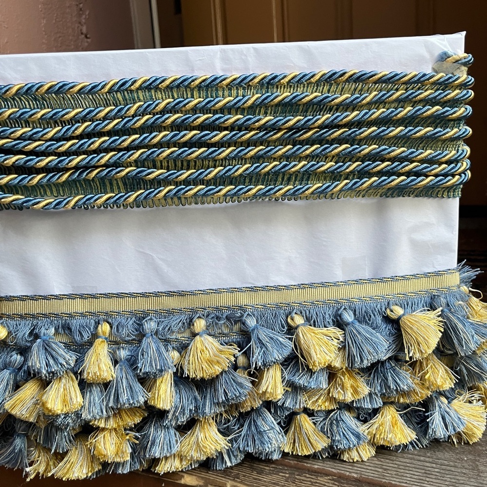 Beautiful Blue and Yellow Tassel Trim, and twist trim.